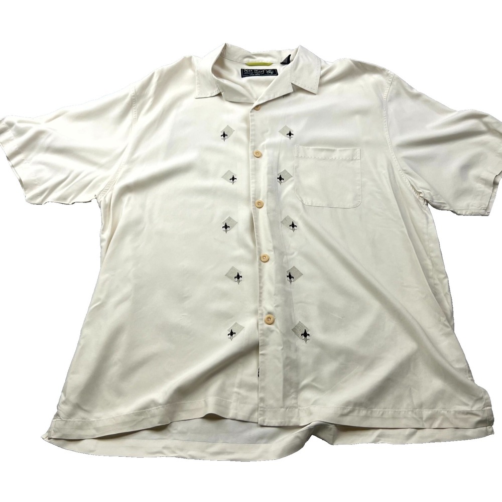 Nat Nast Silk Camp Shirt XL Beige Embroidered Fleur De Lis Motif Luxury Original